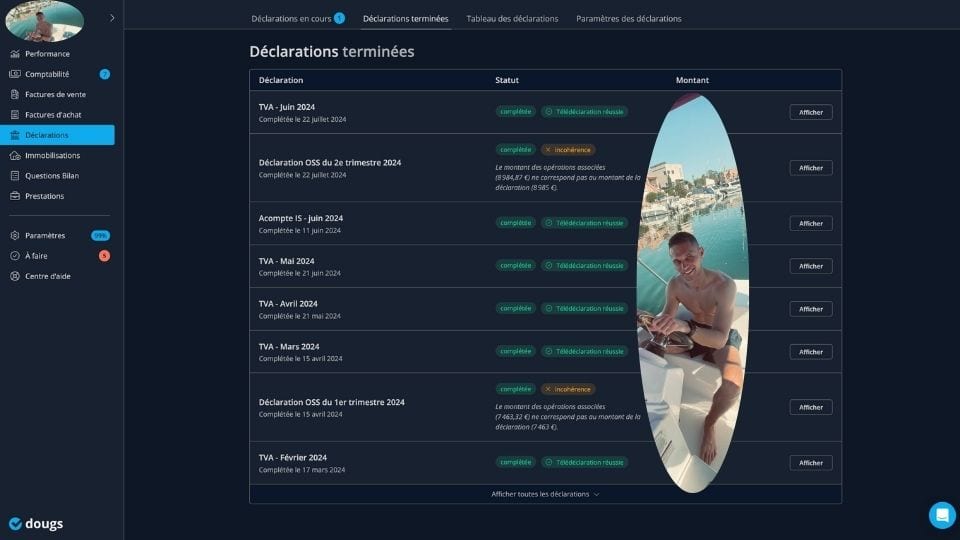 La rubrique déclaration de DOUGS pour centralisé tous les impôts (IS, TVA, OSS) dougs avis code promo parrainage reduction expert comptable amazon fba payer moins cher comptable julien seller